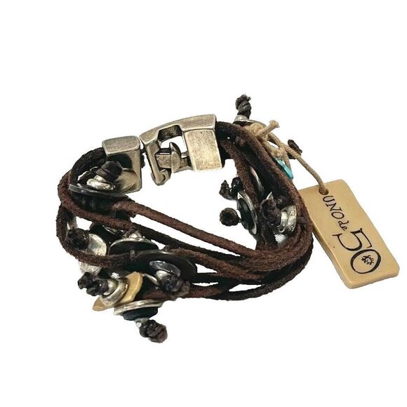 Uno de 50 Unisex Bracelet Silver Brown LeatherWith Charms Men's Women's Spain